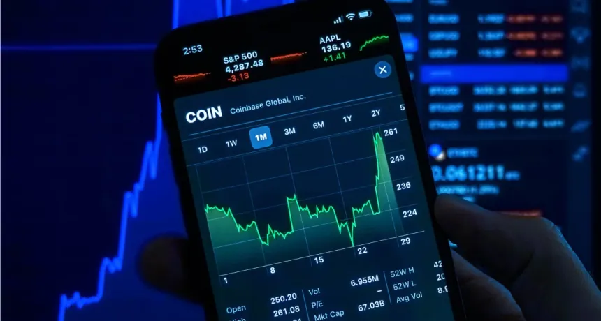 A hand holds a smartphone displaying a stock trading app interface with a chart, set against a blurry background of a larger financial data display.