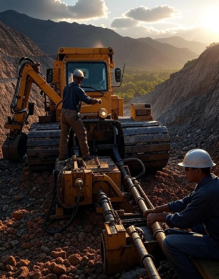 Workers operating heavy machinery in a gold mining operation at sunset.