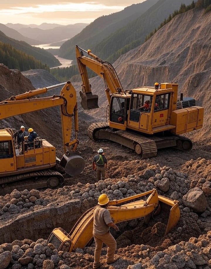 Excavators and workers digging in a mountainous gold mining site.