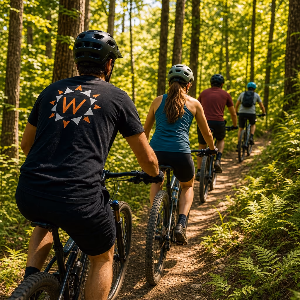 Cyclists riding along a forest trail, with one rider wearing a shirt displaying the WaypointHotel.com logo on the back.