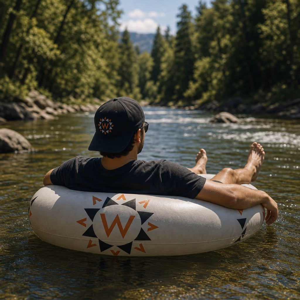 Person floating on a river in an inflatable tube, wearing a hat with the WaypointHotel.com logo, surrounded by trees and mountains.
