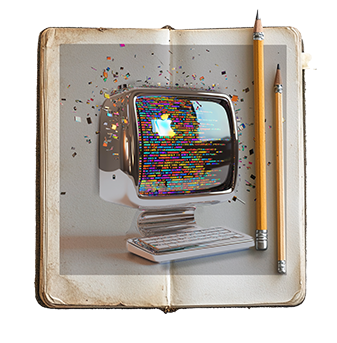 A 3-D reflective image of a vintage computer, silver, with neon shattered html code flying out of it and around it, in a journal next to two pencils