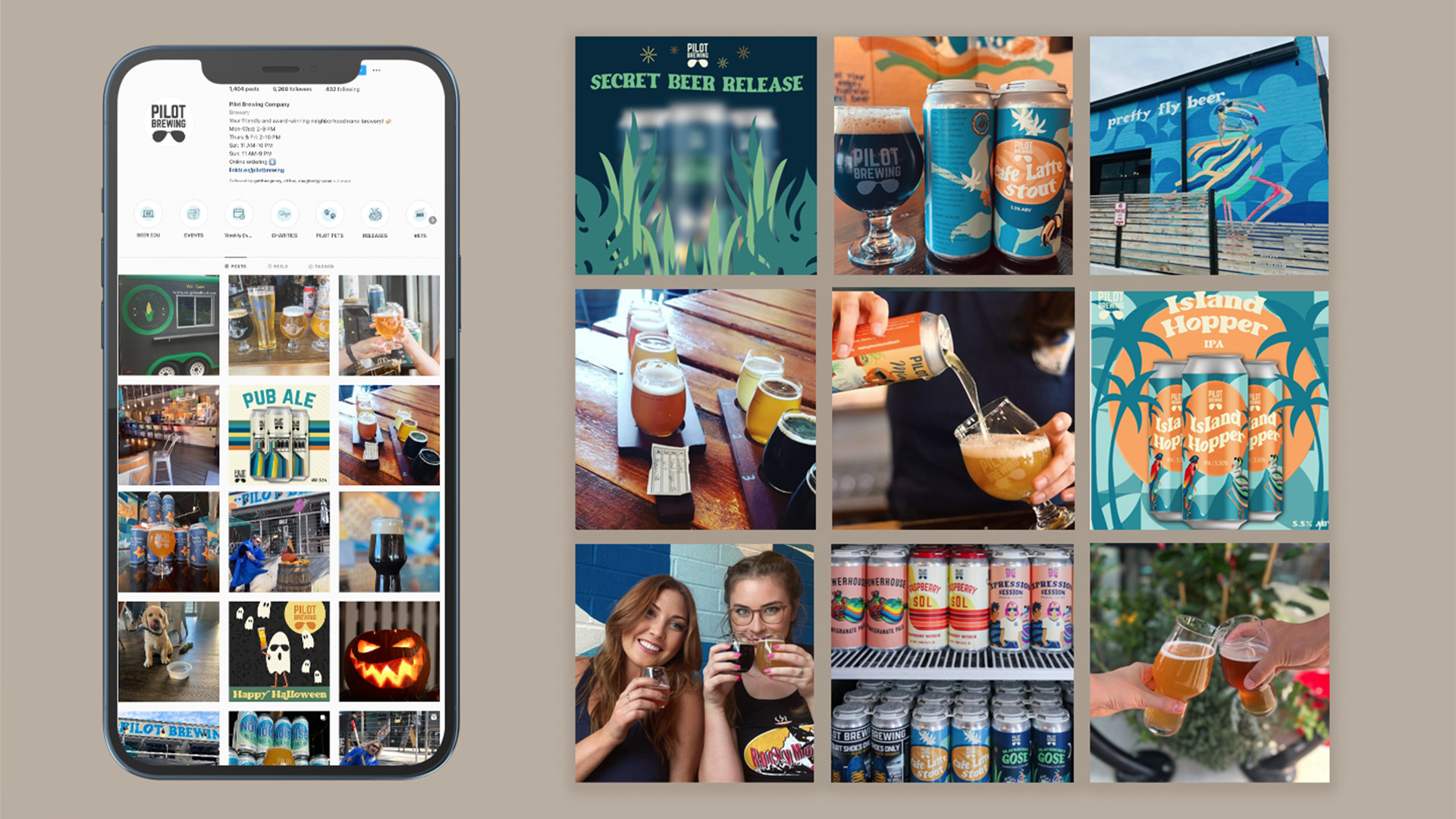 An image of a phone with a mockup instagram gallery on it and next to it, showcasing a brewery's brand