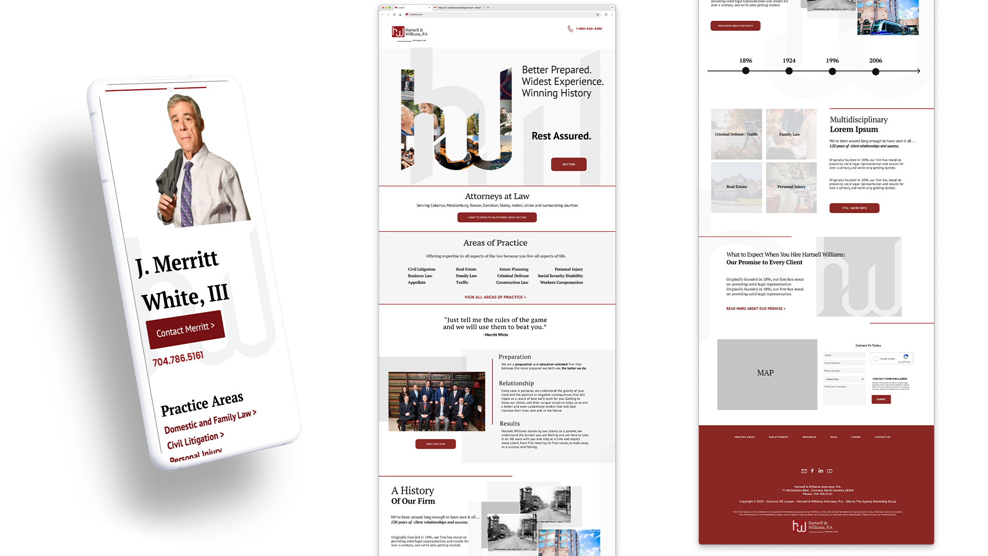 A smartphone mockup and two full page views of a UI design for a law firm website