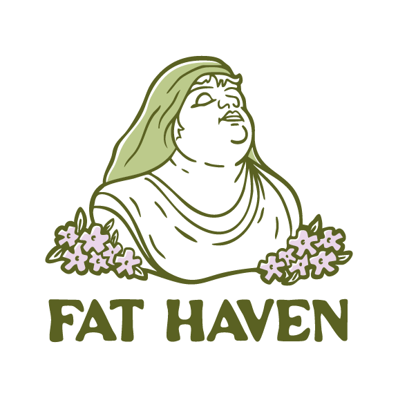 This marble bust statue depicts Hestia, goddess of the hearth, as a fat person with their chin tipped up towards the sky. Hestia's short hair is covered with a green cloth and pink flowers bloom from under the statue. 