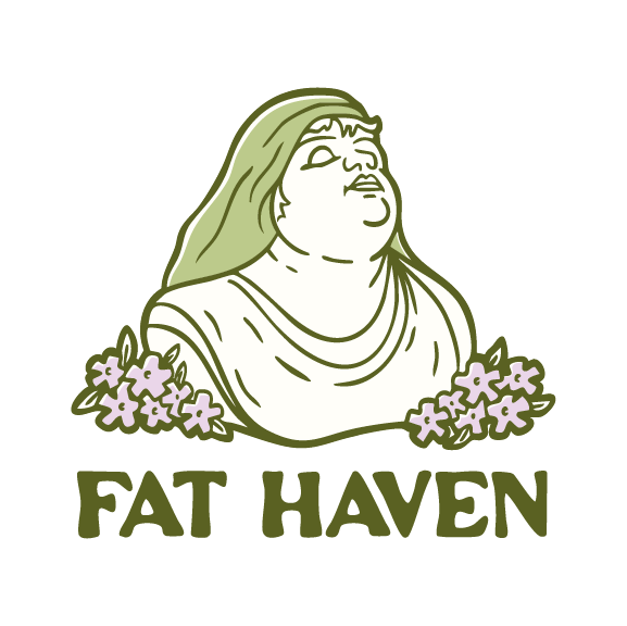 This marble bust statue depicts Hestia, goddess of the hearth, as a fat person with their chin tipped up towards the sky. Hestia's short hair is covered with a green cloth and pink flowers bloom from under the statue. 