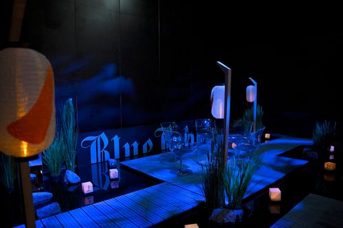 Minimalist, Japanese-themed indoor garden with dark atmosphere and blue lighting.