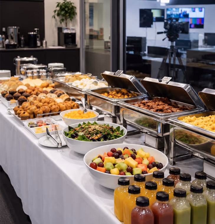 Buffet catering setup inside a television studio with chafing dishes, pastries, salads, fruit, bottled juices, and studio equipment in the background.
