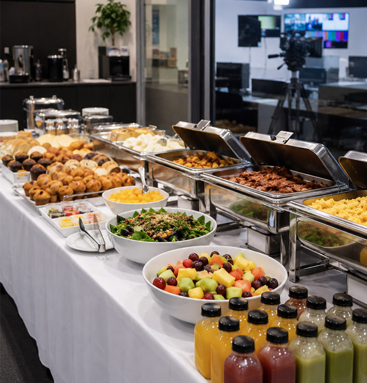 Buffet catering setup inside a television studio with chafing dishes, pastries, salads, fruit, bottled juices, and studio equipment in the background.