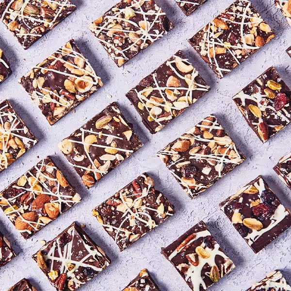 Chocolate dessert bars topped with drizzled white chocolate, nuts, and dried fruit.