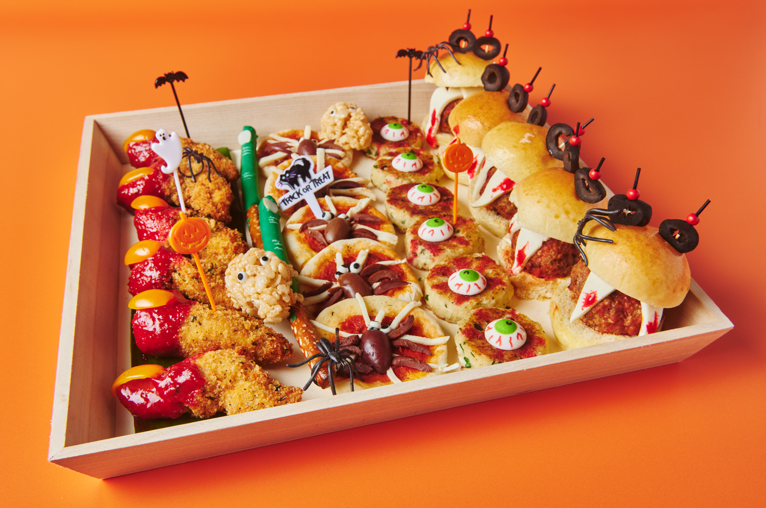 Halloween hors d'oeuvres display with themed bites