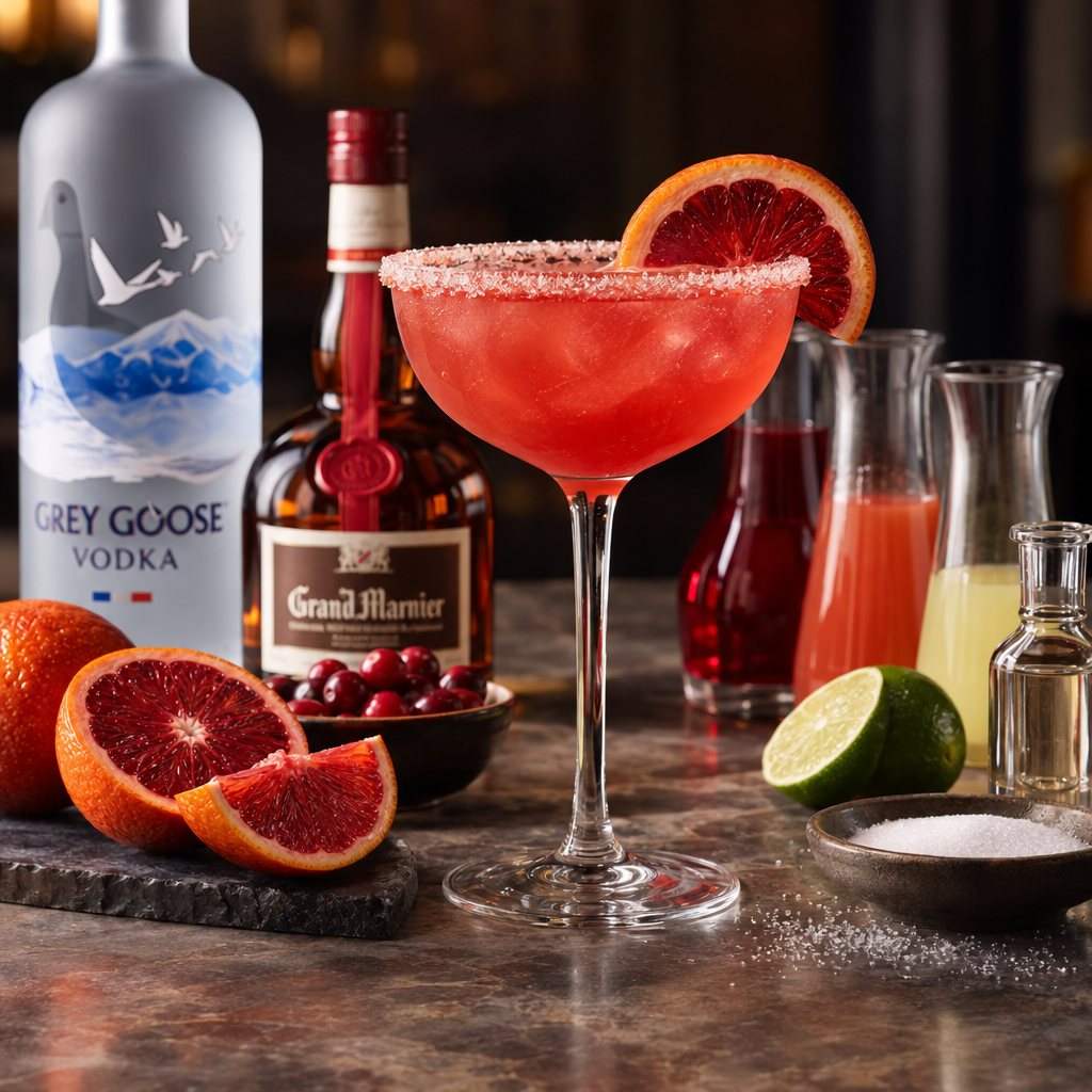 Blood orange cosmo served in a sugar-rimmed glass with an orange slice