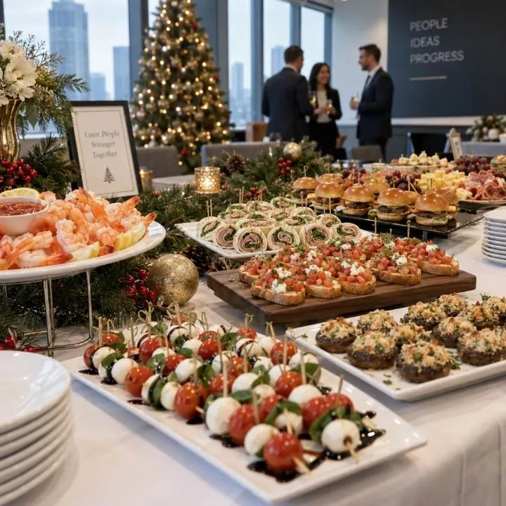 Holiday buffet with caprese skewers, shrimp and hors d'oeuvres on white platters