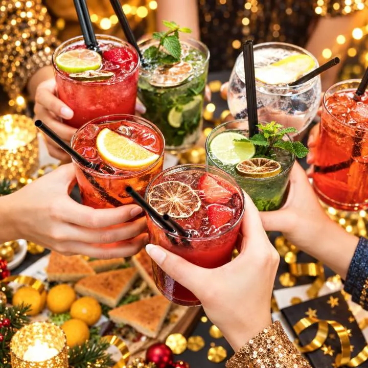 Guests clinking holiday cocktails garnished with citrus and mint