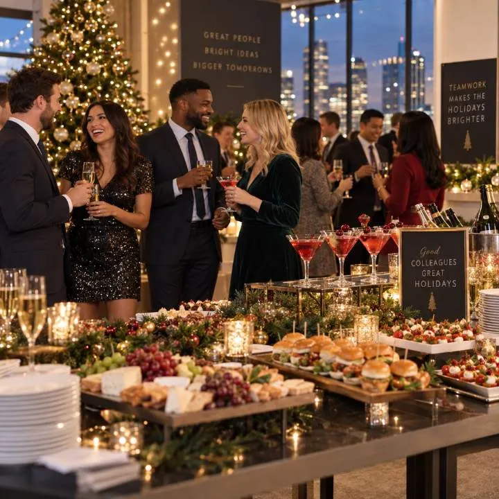 Guests mingling around a holiday buffet in a city-view office decorated with a Christmas tree