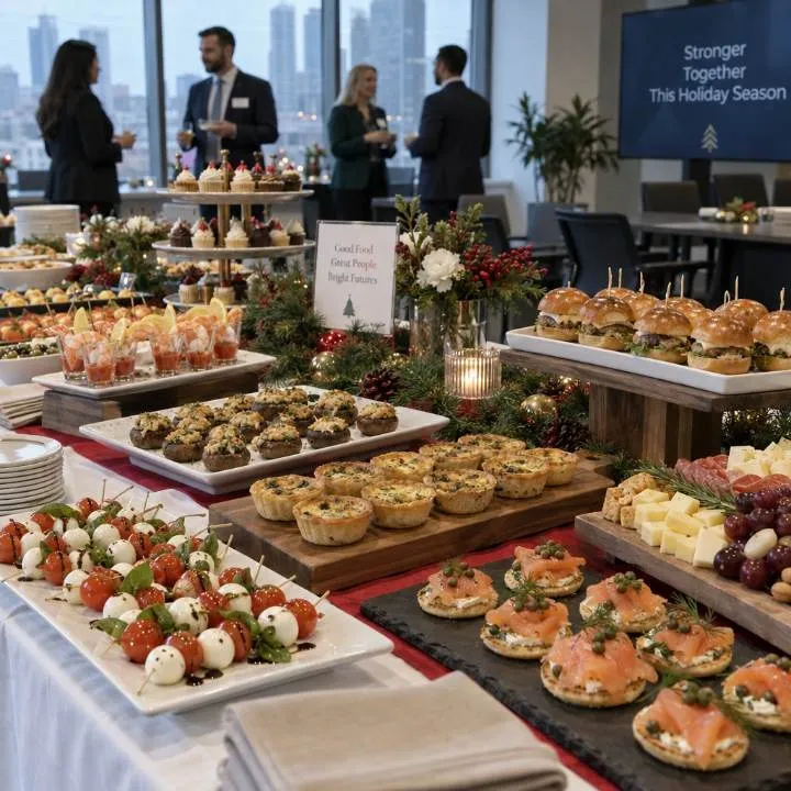 Office holiday grazing buffet with tartlets, sliders and caprese platters