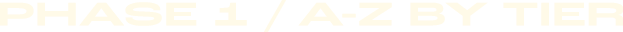 Text reading 'PHASE 1 / A-Z BY TIER' in bold capital letters on a dark background.
