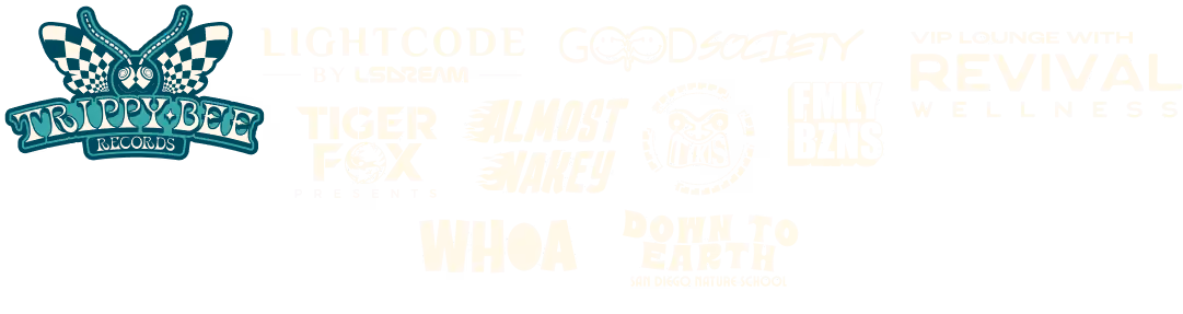 Event announcement with the headline 'Stay Tuned For More' and subheading 'Games, Experiences, Workshops and Installations', listing takeovers by various brands and organizations including Trippy Bee Records and VIP Revival.