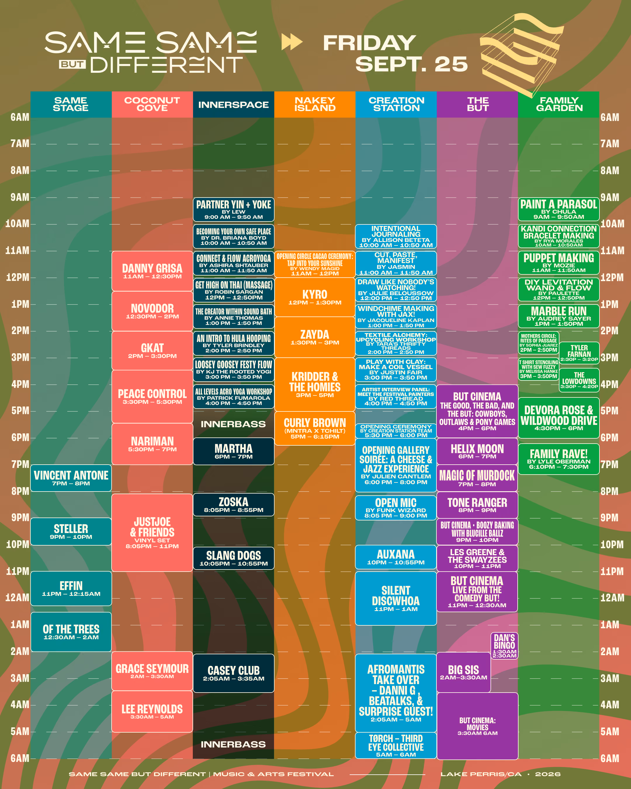 Schedule grid for the Same Same But Different music and arts festival on Friday, September 25, displaying stages like Same Stage, Coconut Cove, Innerspace, Nakey Island, Creation Station, The But, and Family Garden with time slots from 6 AM to 6 AM next day listing various artist performances and activities throughout the day into the night.