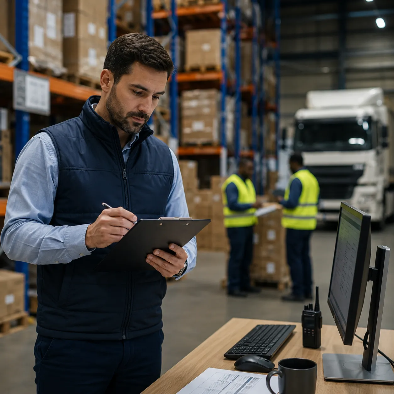Warehouse supervisor ensuring 3PL accountability by verifying shipment manifests against digital inventory records