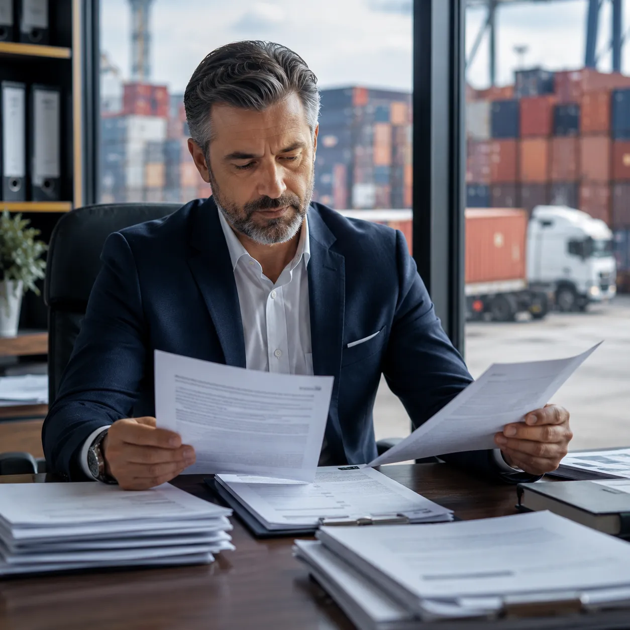 Logistics manager analyzing complex freight contract terms in a busy shipping terminal office.