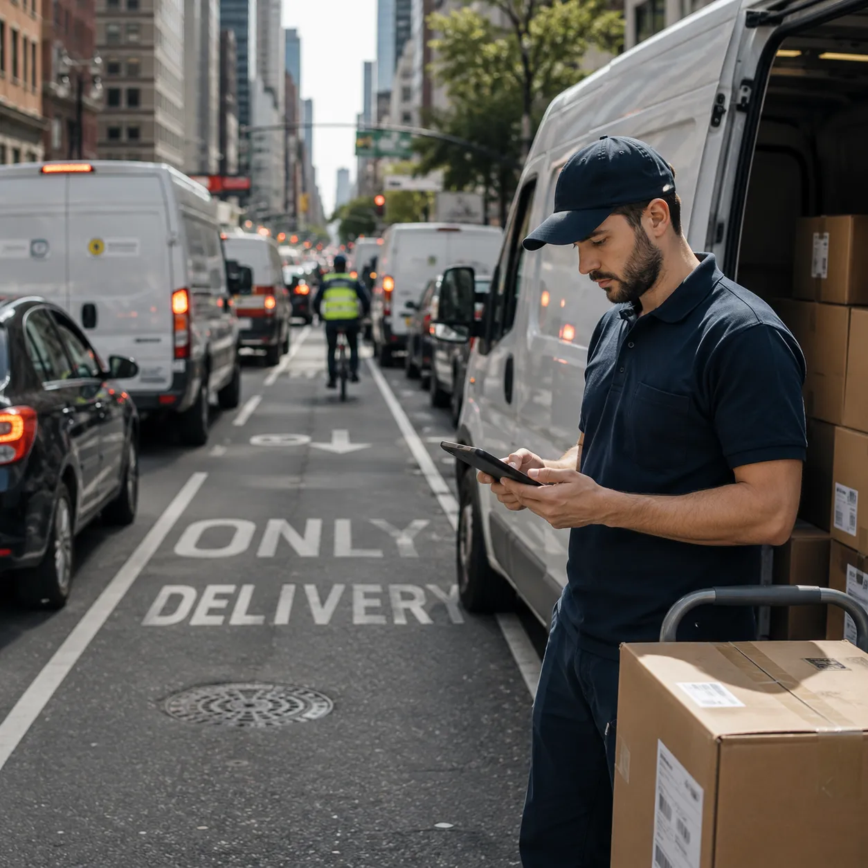 A delivery driver managing logistics schedules in a congested urban environment to mitigate last-mile delivery bottlenecks