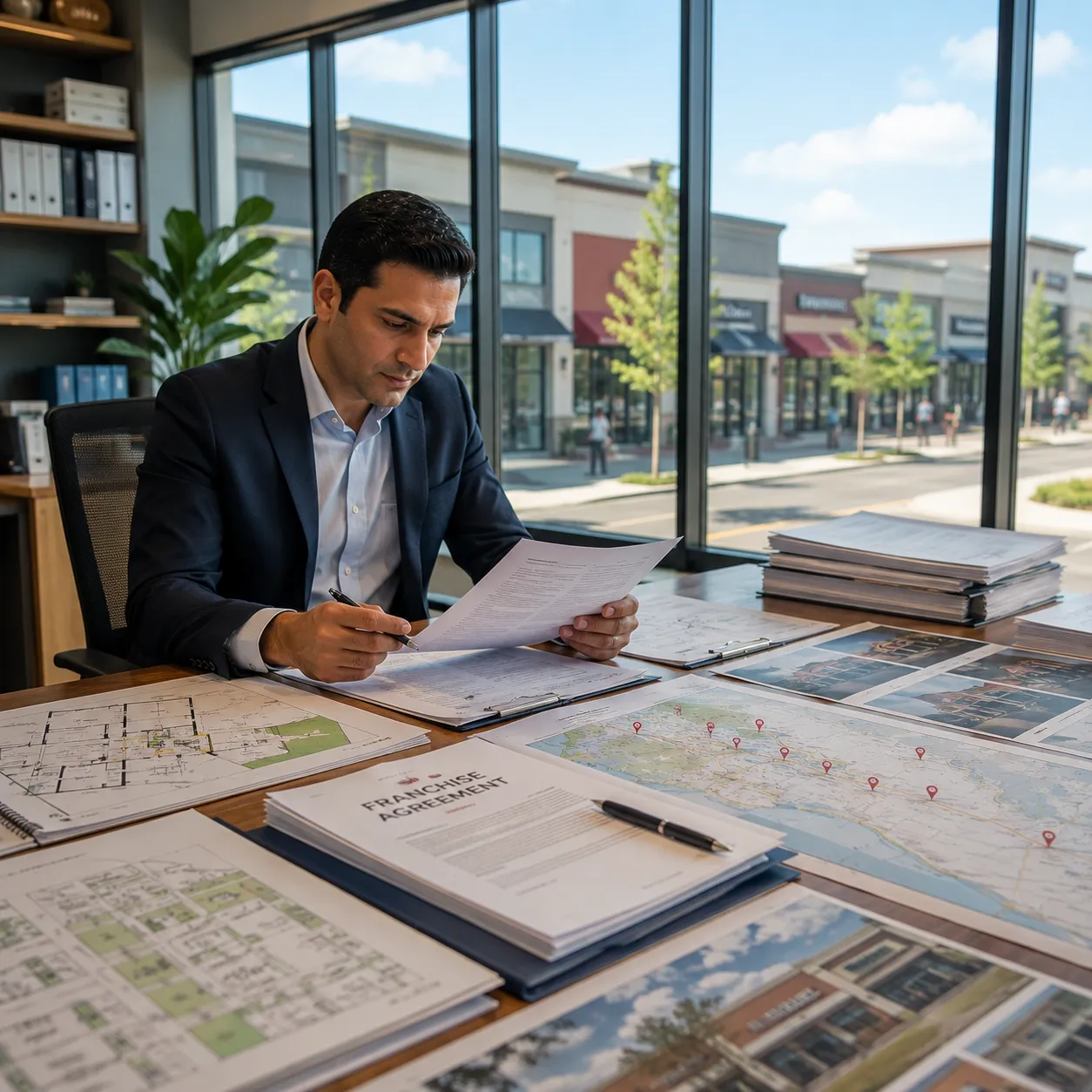 Businessman analyzing digital compliance dashboard with icons for GDPR, SLA, data security, and vendor monitoring