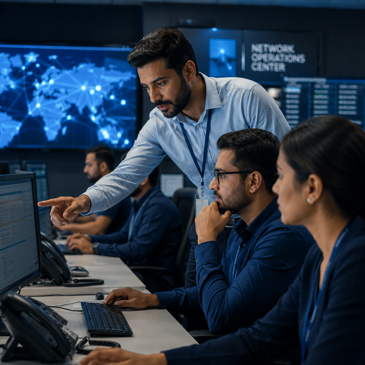 Team of professionals analyzing technical data in a Network Operations Center to maintain high standards of SLA compliance.
