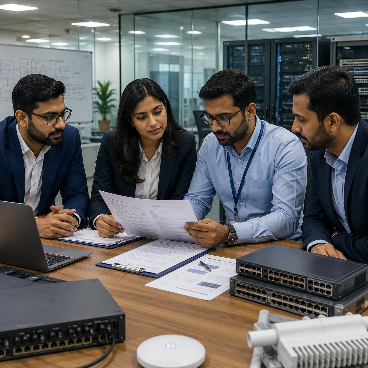 Professional team conducting high-volume vendor procurement and reviewing technical hardware specifications
