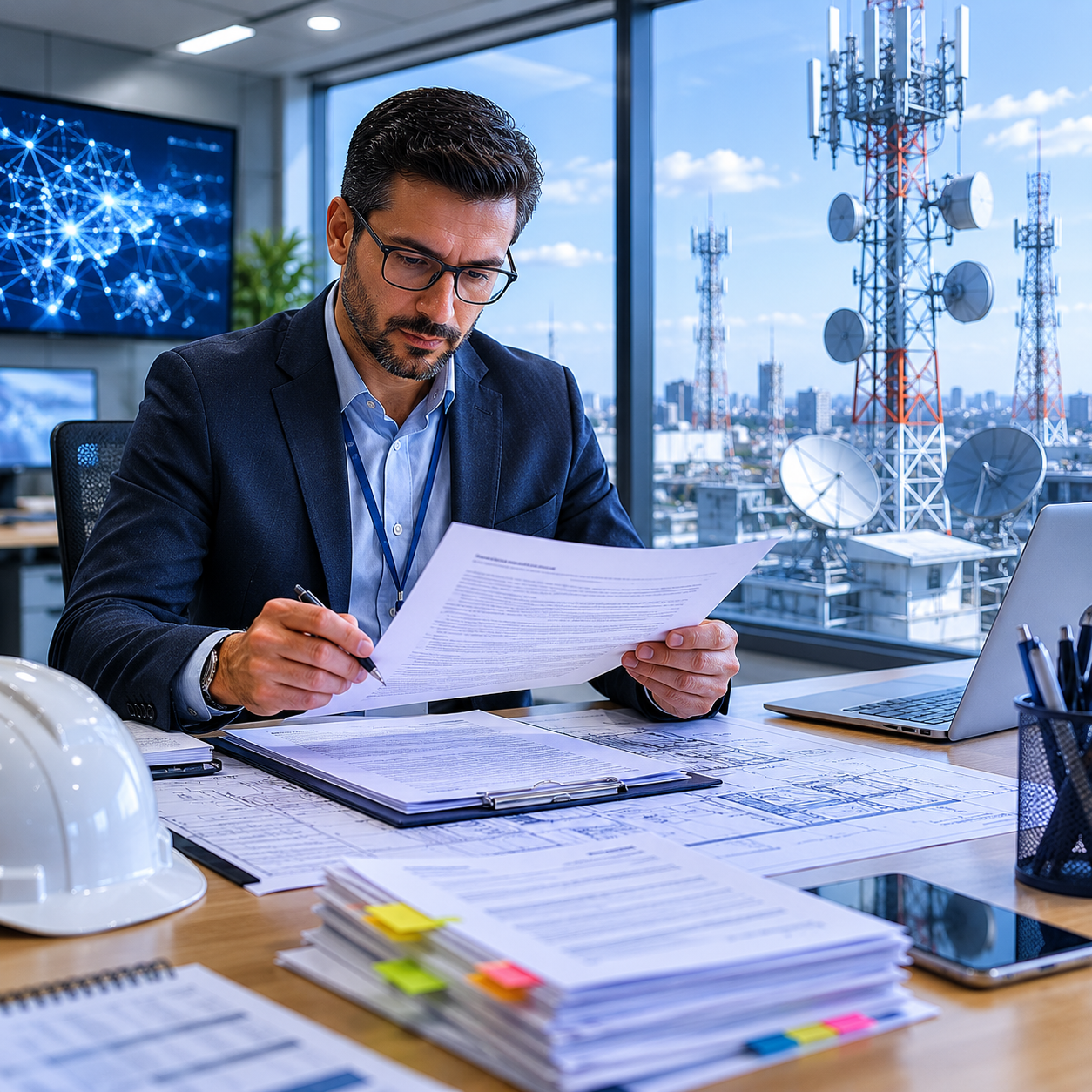 Telecommunications engineer reviewing complex network infrastructure contracts and blueprints in a control center.