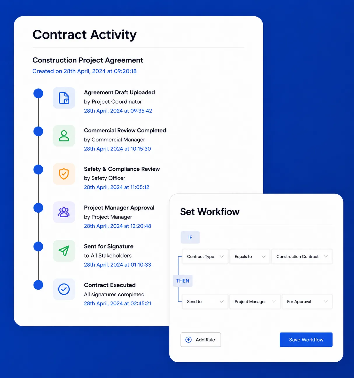 Construction project agreement dashboard showing milestones, obligations, and subcontractor tracking.