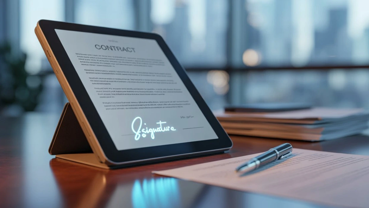 Digital contract with electronic signature displayed on tablet – modern e-signature solution for secure online document signing
