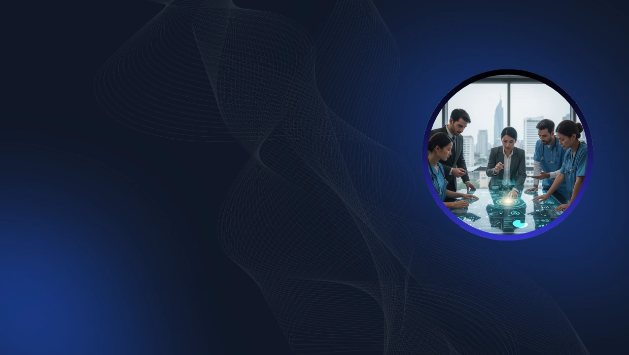Executives and doctors using a digital CLM system to manage healthcare contracts and improve financial performance.