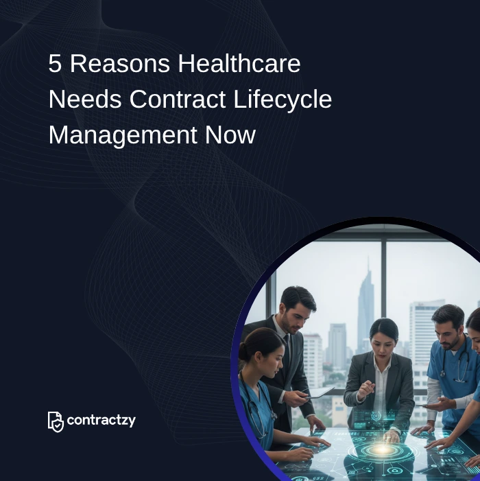Executives and doctors using a digital CLM system to manage healthcare contracts and improve financial performance.