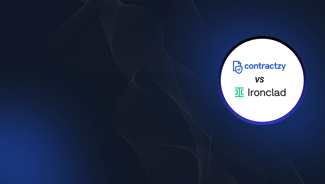 Contract’zy vs Ironclad CLM comparison table showing usability, implementation, pricing and workflow differences