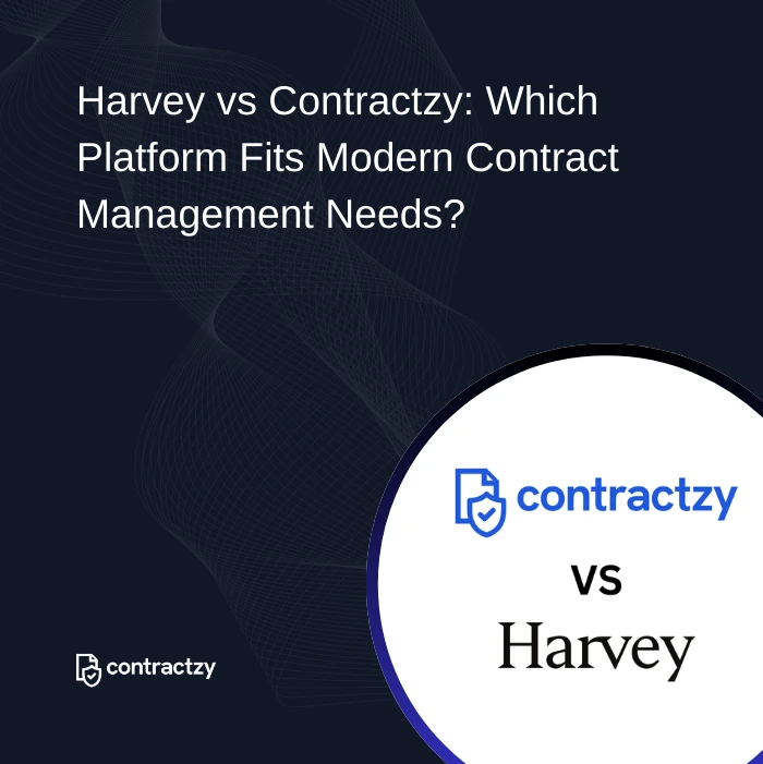 Harvey vs Contractzy comparison showing legal AI capabilities versus end-to-end contract lifecycle management