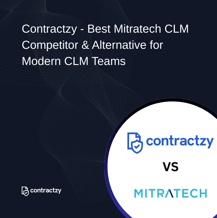 Contractzy vs Mitratech CLM comparison highlighting AI risk analysis, faster implementation, modern workflow automation, and transparent pricing advantages.
