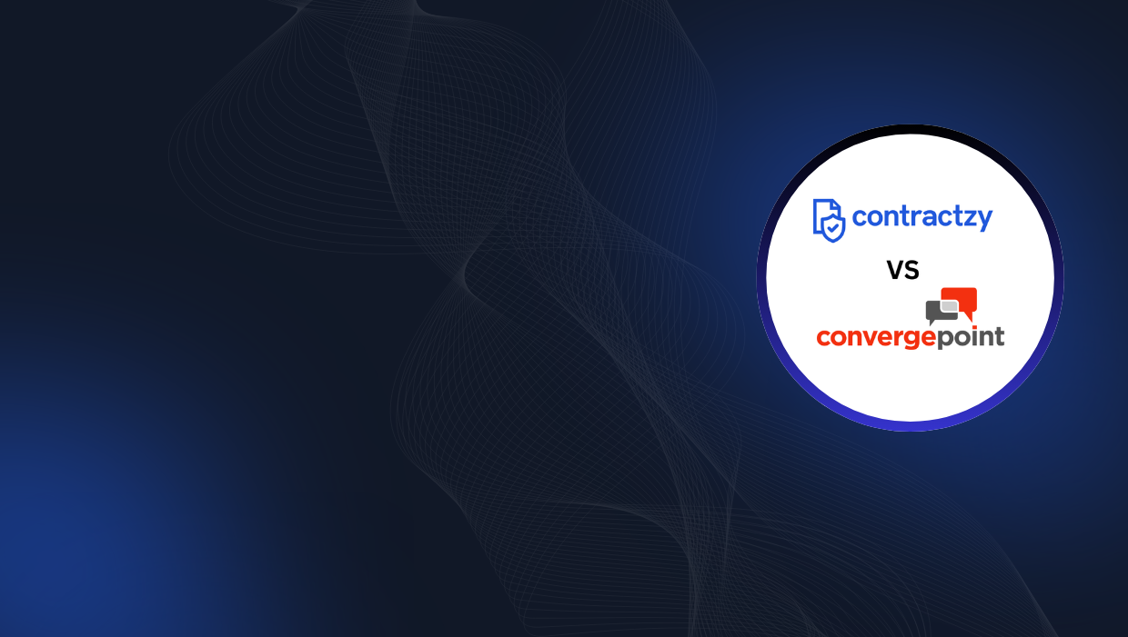 Contractzy vs ConvergePoint CLM comparison showing AI risk analysis, smart templates, and independent contract lifecycle management