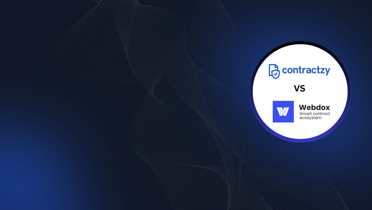 Contractzy vs Webdox CLM comparison highlighting AI risk analysis, smart templates, and global contract lifecycle management