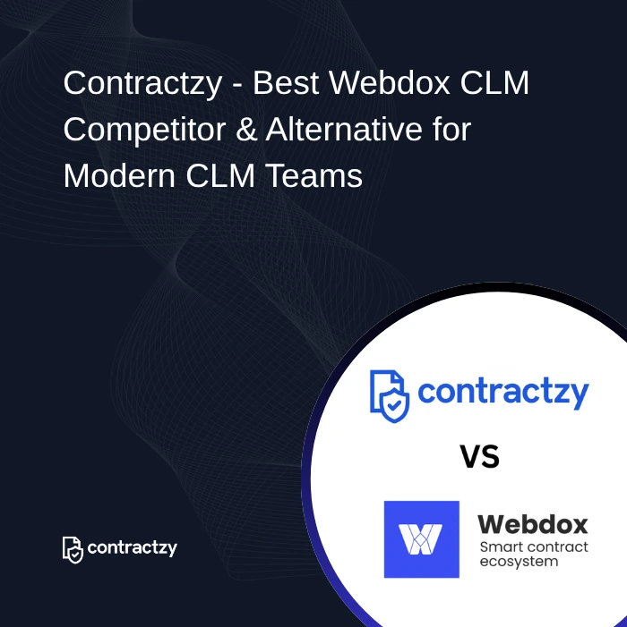 Contractzy vs Webdox CLM comparison highlighting AI risk analysis, smart templates, and global contract lifecycle management