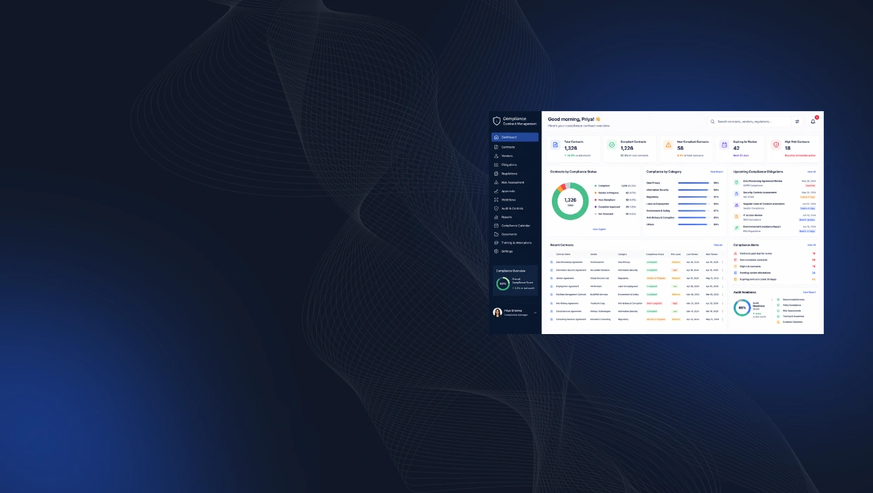 AI-powered CLM dashboard for compliance teams with audit trails, risk alerts, approvals, and contract analytics.