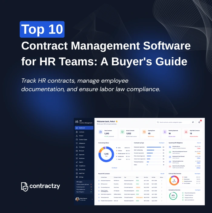 AI-powered HR contract management dashboard with onboarding workflows, offer letters, compliance, and approvals.