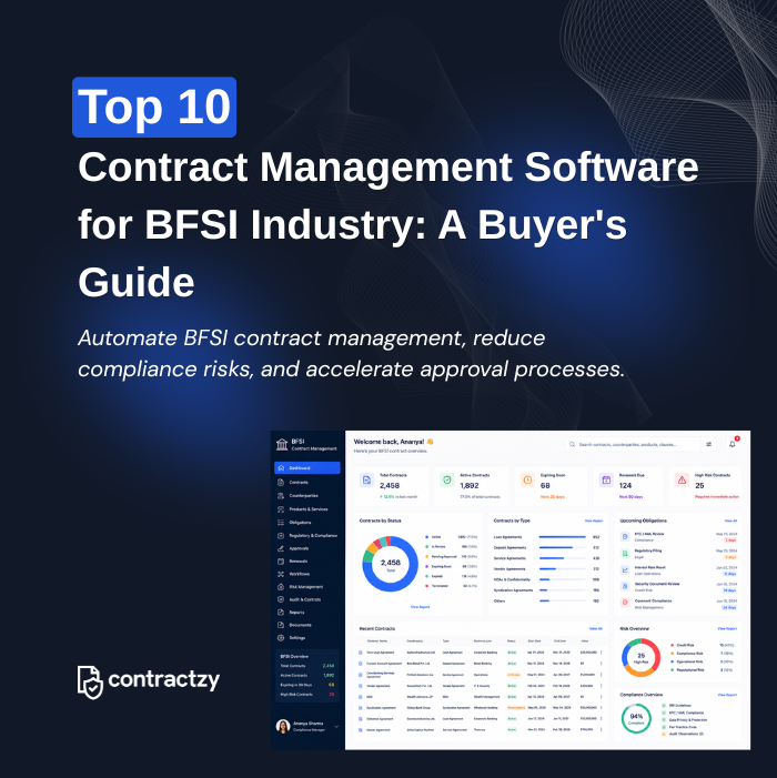 Comparison table of top CLM software for BFSI organizations, including Contractzy, Icertis, Ironclad, and DocuSign CLM.