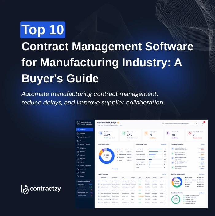 Comparison table of top CLM software for manufacturing companies, including Contractzy, Icertis, SAP Ariba, and Sirion.