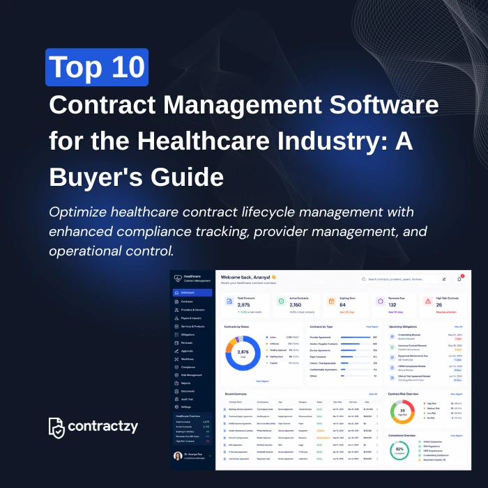 Comparison table of top CLM software for healthcare organizations, including Contractzy, Icertis, DocuSign CLM, and Ironclad.