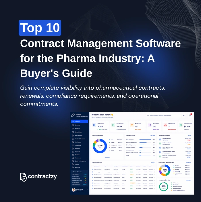 Comparison table of top CLM software for pharmaceutical companies, including Contractzy, Icertis, Sirion, and Agiloft.