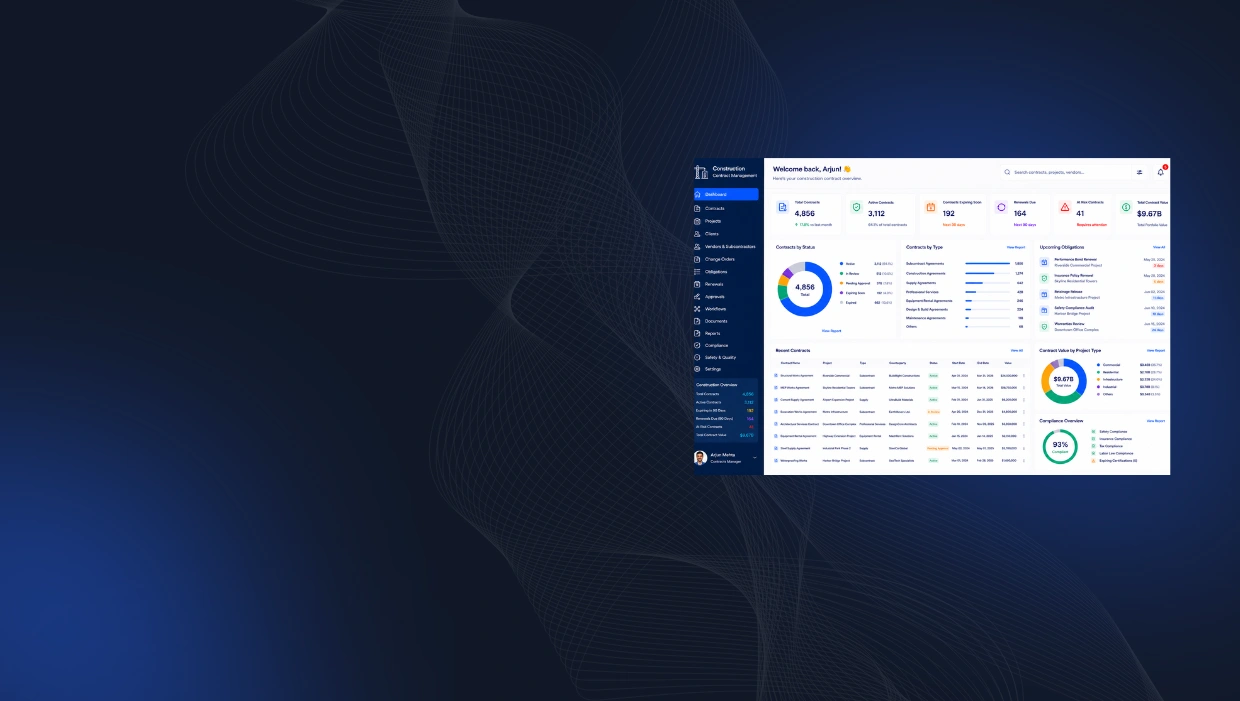 Comparison table of top CLM software for construction companies, including Contractzy, Agiloft, Ironclad, and Procore.