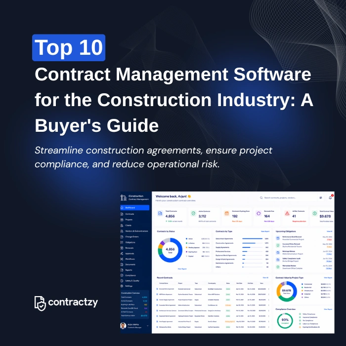 Comparison table of top CLM software for construction companies, including Contractzy, Agiloft, Ironclad, and Procore.