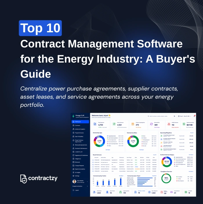 Comparison table of top CLM software for energy companies, including Contractzy, Icertis, DocuSign CLM, and Ironclad.