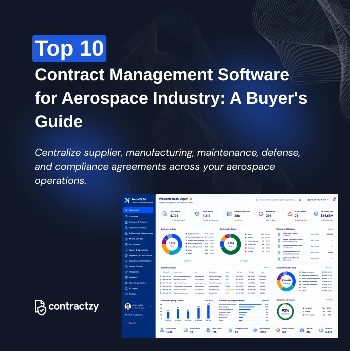 Comparison table of top CLM software for aerospace companies, including Contractzy, Icertis, Agiloft, and Ironclad.